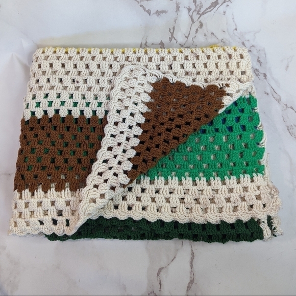 Vintage Crochet Blanket Throw Afghan Retro Brown Yellow Cream Blue Boho Stripe - Picture 13 of 13